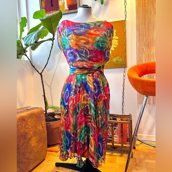 60s/70s Silk Rainbow Watercolor Floral Cocktail Party Dress - Picture 6 of 8